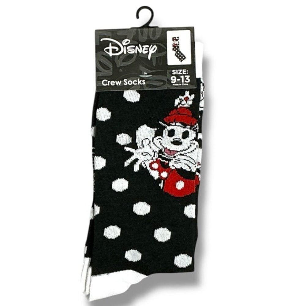 Disney Minnie Mickey Mouse Crew Socks Polka Dot Black White Crew Unisex Mens OS - Picture 2 of 16